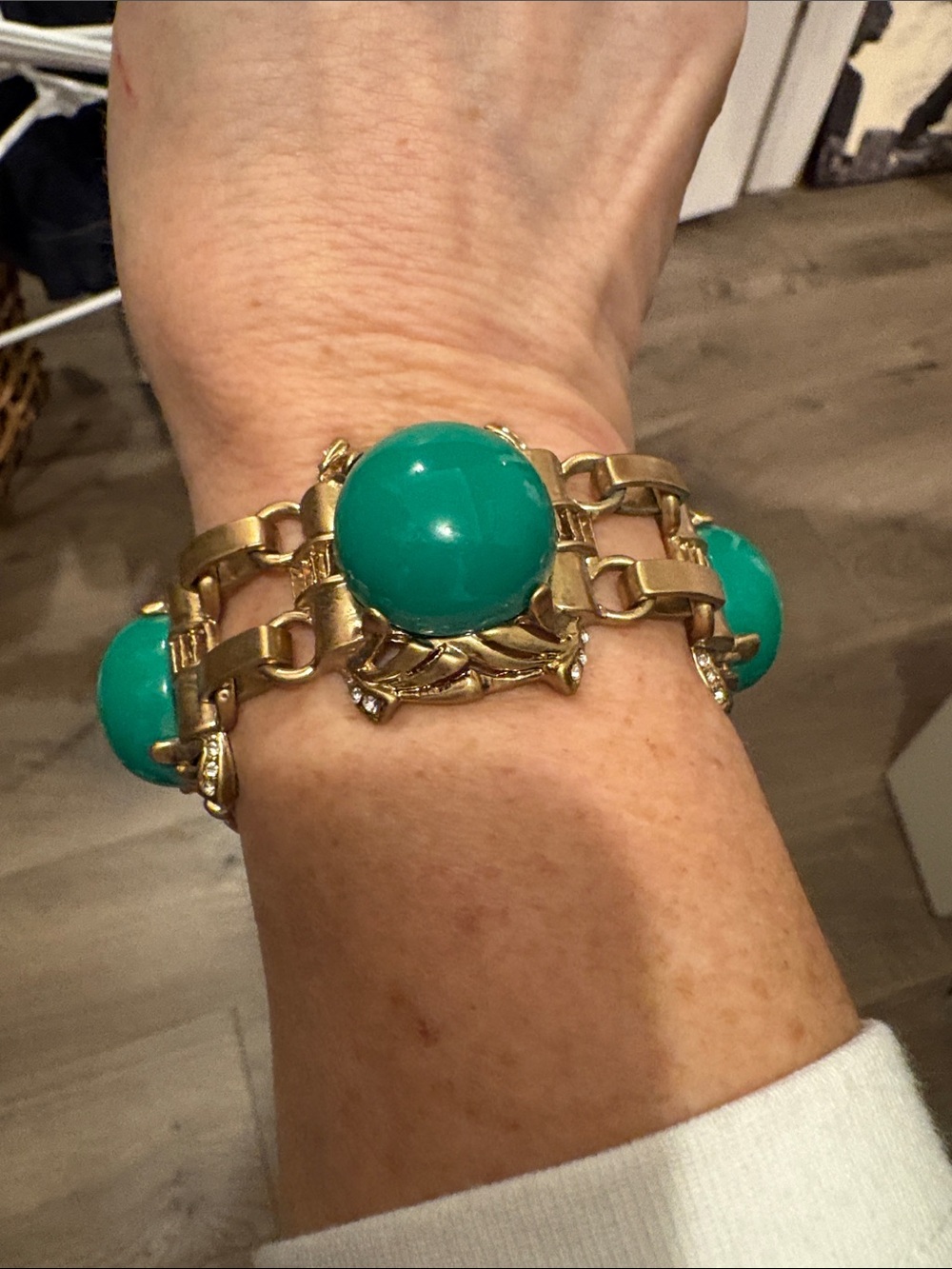 J Crew Bracelet Navy Green Lucite Cabochons Rhinestone Accents